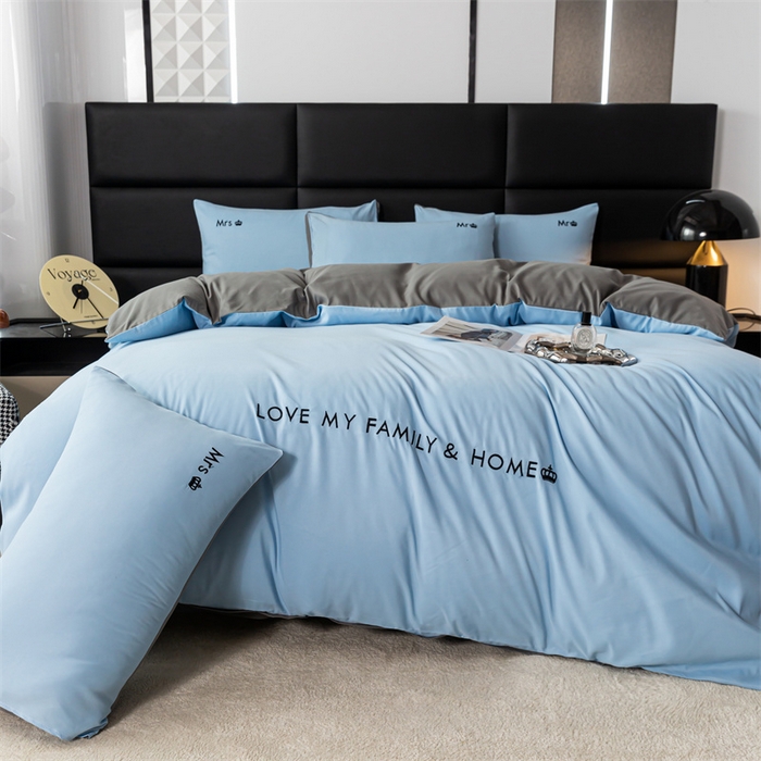 91家纺网 家纺一手货源 找家纺 梦莱家纺 2024新款磨毛刺绣四件套 天空蓝