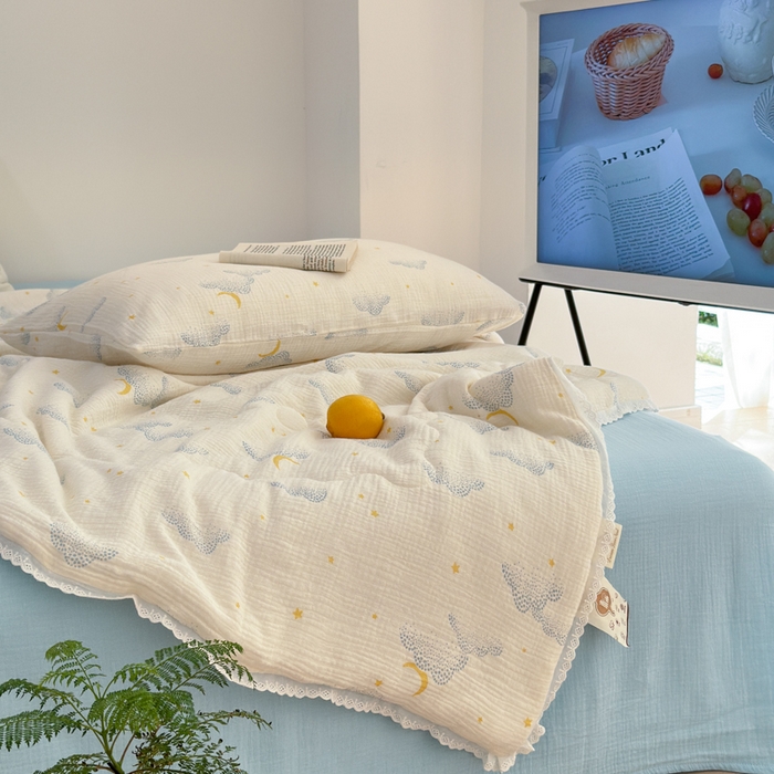 91家纺网 家纺一手货源 找家纺 山舍家居 2024新款全棉皱皱纱夏被四件套 云间月