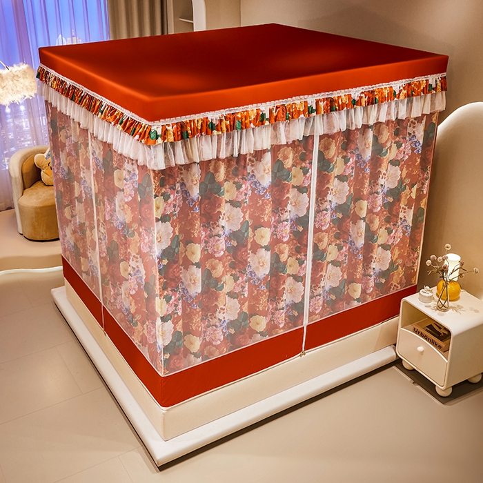 91家纺网 家纺一手货源 找家纺 艾晶美2025新款印花坐床式防摔遮光布帘蚊帐 红粉佳人