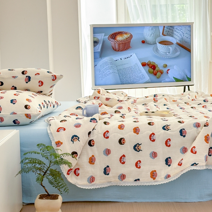 91家纺网 家纺一手货源 找家纺 山舍家居 2024新款全棉皱皱纱夏被四件套 芮哈娜