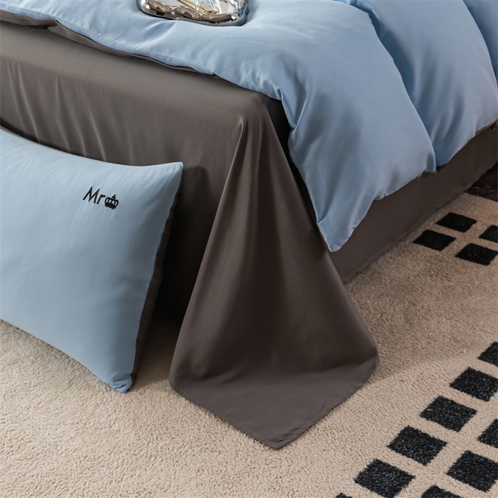 91家纺网 家纺一手货源 找家纺 梦莱家纺 2024新款磨毛刺绣四件套 天空蓝