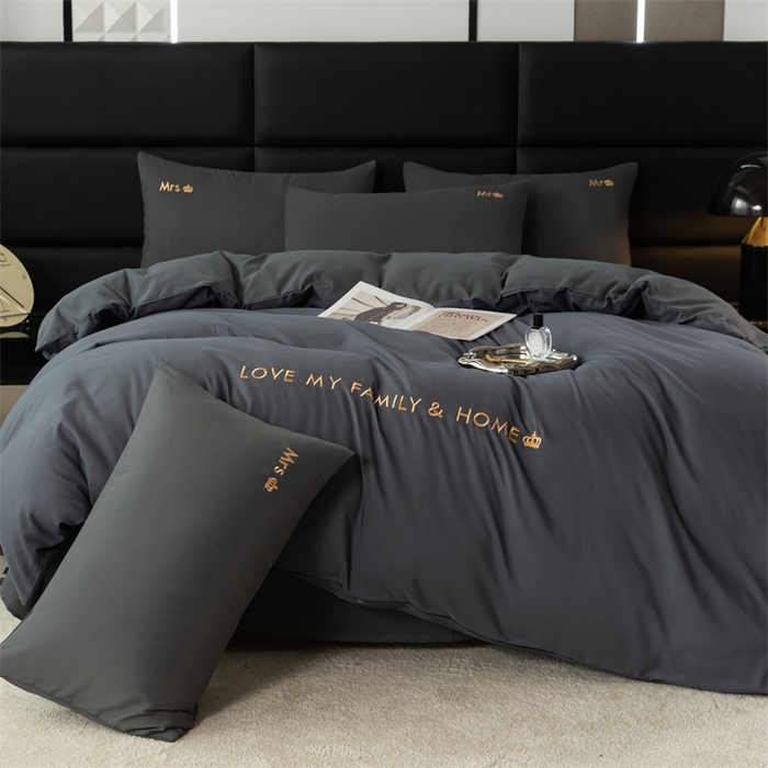 91家纺网 家纺一手货源 找家纺 梦莱家纺 2024新款磨毛刺绣四件套 深灰