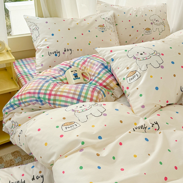 91家纺网 家纺一手货源 找家纺 呗旺鹿 2024新款小清新13372全棉四件套纯棉四件套学生三件套 泡泡糖小狗