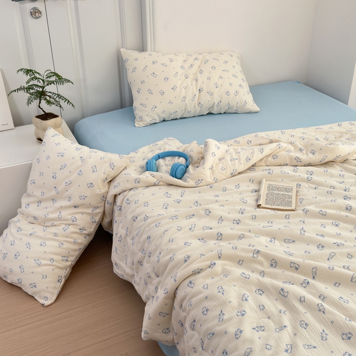 91家纺网 家纺一手货源 找家纺 山舍家居 2024新款全棉皱皱纱夏被四件套 萌萌兔