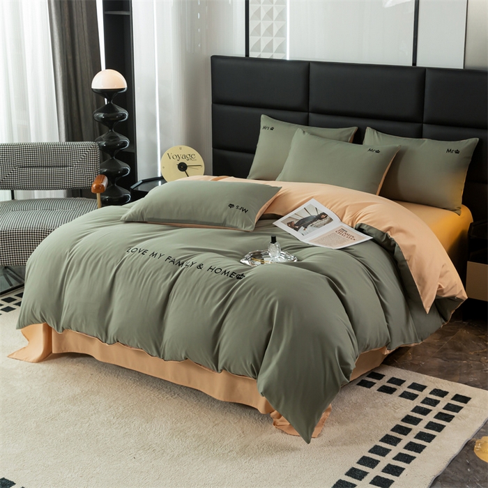 91家纺网 家纺一手货源 找家纺 梦莱家纺 2024新款磨毛刺绣四件套 青石绿