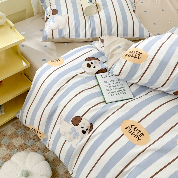 91家纺网 家纺一手货源 找家纺 呗旺鹿 2024新款小清新13372全棉四件套纯棉四件套学生三件套 竖条可可