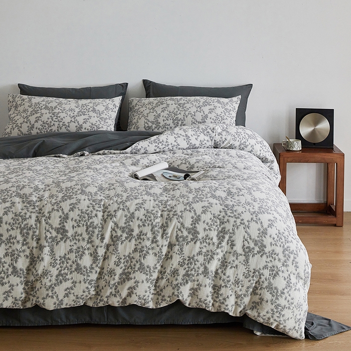 91家纺网 家纺一手货源 找家纺 千朵森 2024新款水洗棉色织提花四件套 风格一 叶语