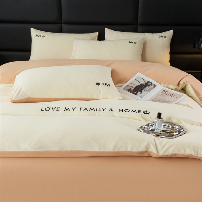 91家纺网 家纺一手货源 找家纺 梦莱家纺 2024新款磨毛刺绣四件套 米白