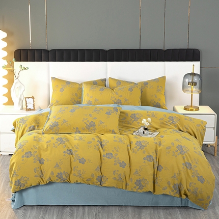 91家纺网 家纺一手货源 找家纺 （总）木兰花 2024新款民宿空气感全棉双层提花四件套床单款小众色织水洗棉床笠款