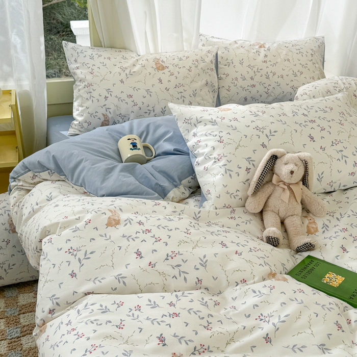 91家纺网 家纺一手货源 找家纺 呗旺鹿 2024新款小清新13372全棉四件套纯棉四件套学生三件套 田园兔