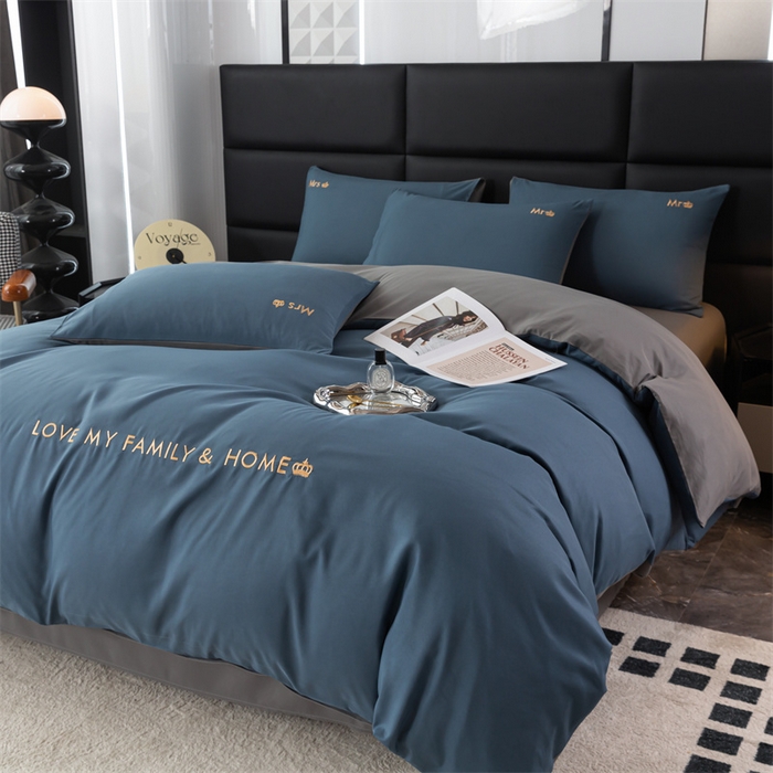 91家纺网 家纺一手货源 找家纺 梦莱家纺 2024新款磨毛刺绣四件套 宝石蓝