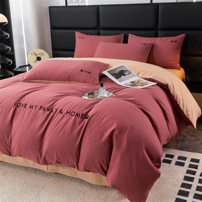 91家纺网 家纺一手货源 找家纺 梦莱家纺 2024新款磨毛刺绣四件套 玫红