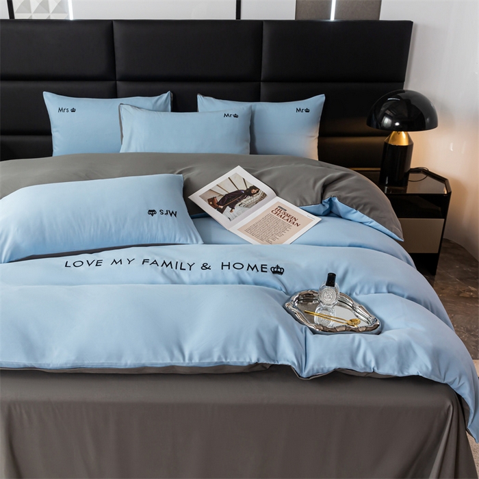 91家纺网 家纺一手货源 找家纺 梦莱家纺 2024新款磨毛刺绣四件套 天空蓝