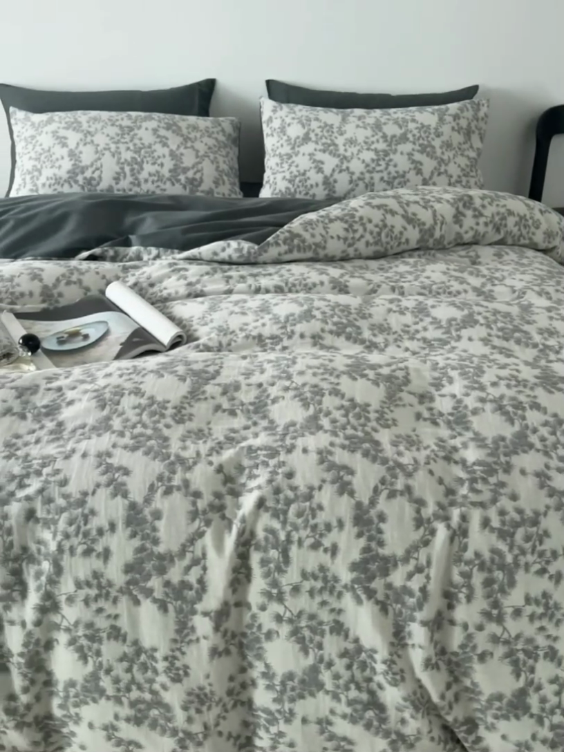 91家纺网 家纺一手货源 找家纺 千朵森 2024新款水洗棉色织提花四件套 风格一 叶语