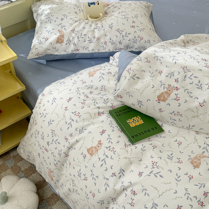 91家纺网 家纺一手货源 找家纺 呗旺鹿 2024新款小清新13372全棉四件套纯棉四件套学生三件套 田园兔