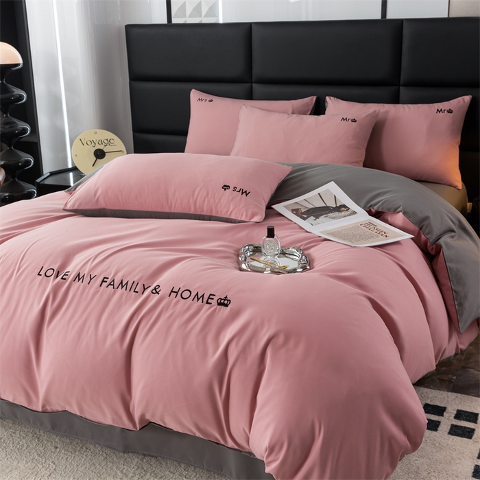 91家纺网 家纺一手货源 找家纺 梦莱家纺 2024新款磨毛刺绣四件套 粉豆沙