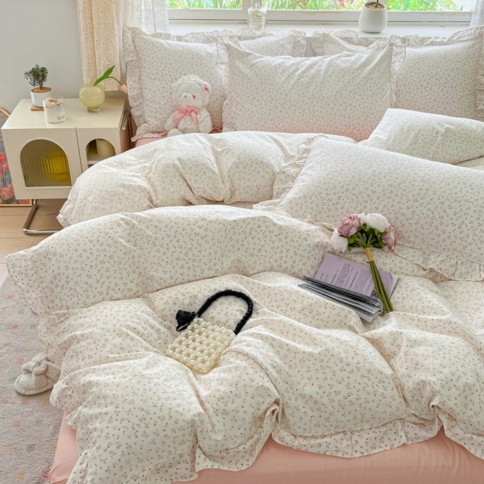 91家纺网 家纺一手货源 找家纺 柠馨 2024新款全棉印花浪漫花边款四件套 芊芊