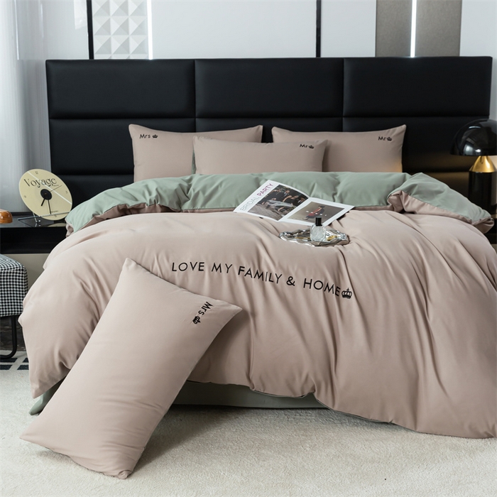 91家纺网 家纺一手货源 找家纺 梦莱家纺 2024新款磨毛刺绣四件套 卡其