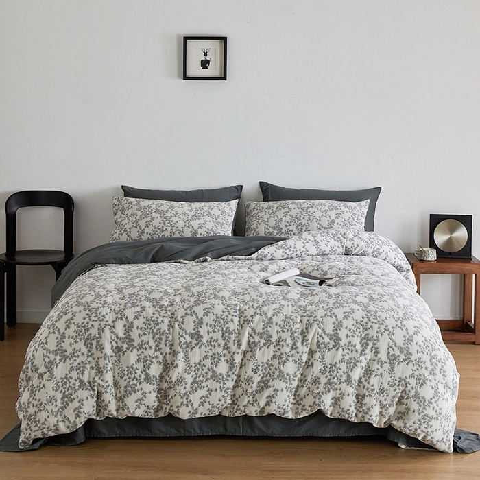 91家纺网 家纺一手货源 找家纺 千朵森 2024新款水洗棉色织提花四件套 风格一 叶语