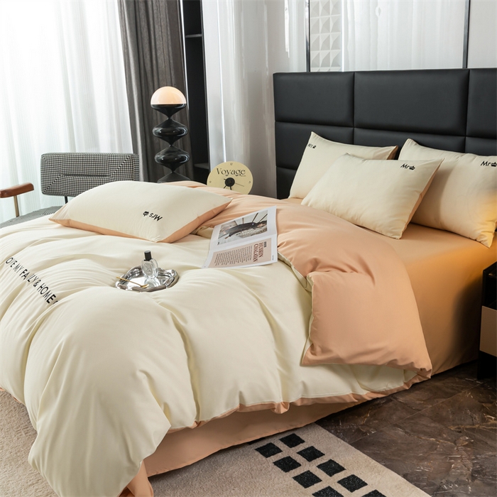 91家纺网 家纺一手货源 找家纺 梦莱家纺 2024新款磨毛刺绣四件套 米白