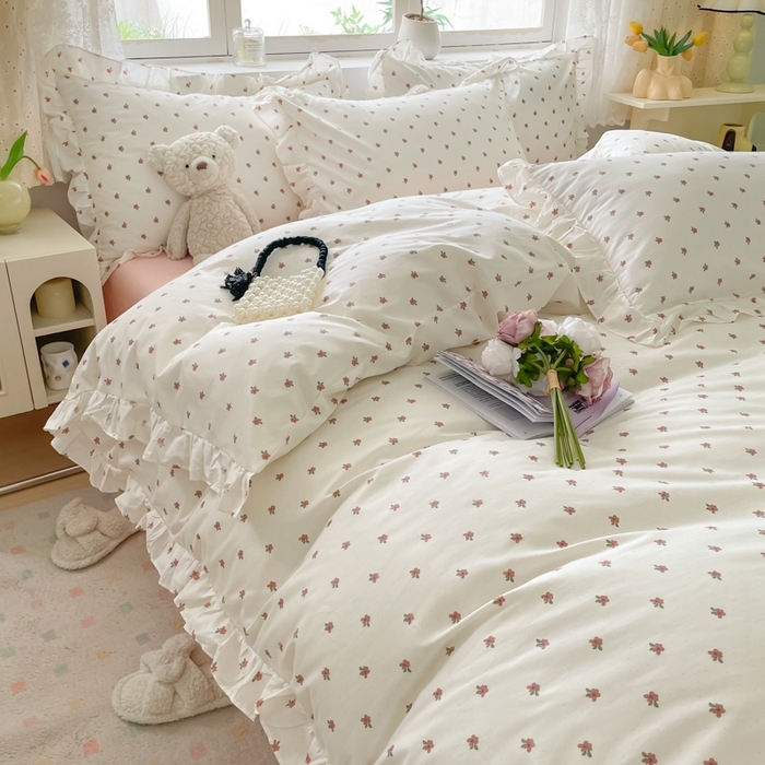 91家纺网 家纺一手货源 找家纺 柠馨 2024新款全棉印花浪漫花边款四件套 拾忆