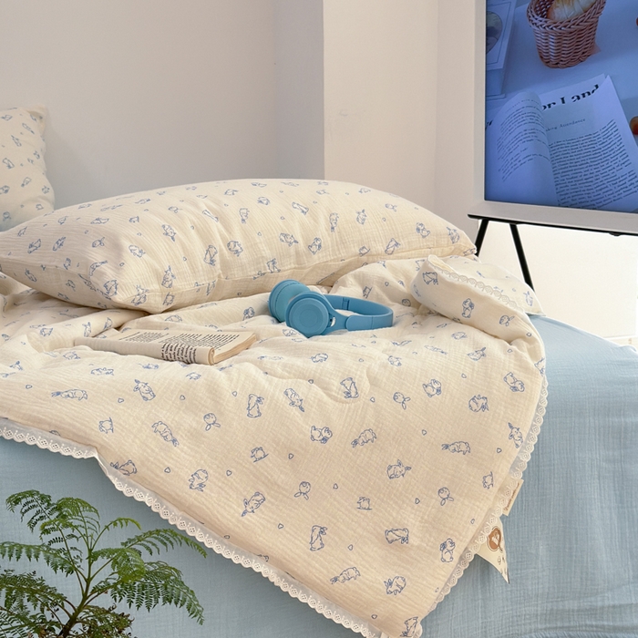 91家纺网 家纺一手货源 找家纺 山舍家居 2024新款全棉皱皱纱夏被四件套 萌萌兔