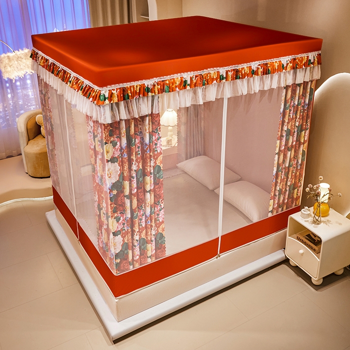 91家纺网 家纺一手货源 找家纺 艾晶美2025新款印花坐床式防摔遮光布帘蚊帐 红粉佳人
