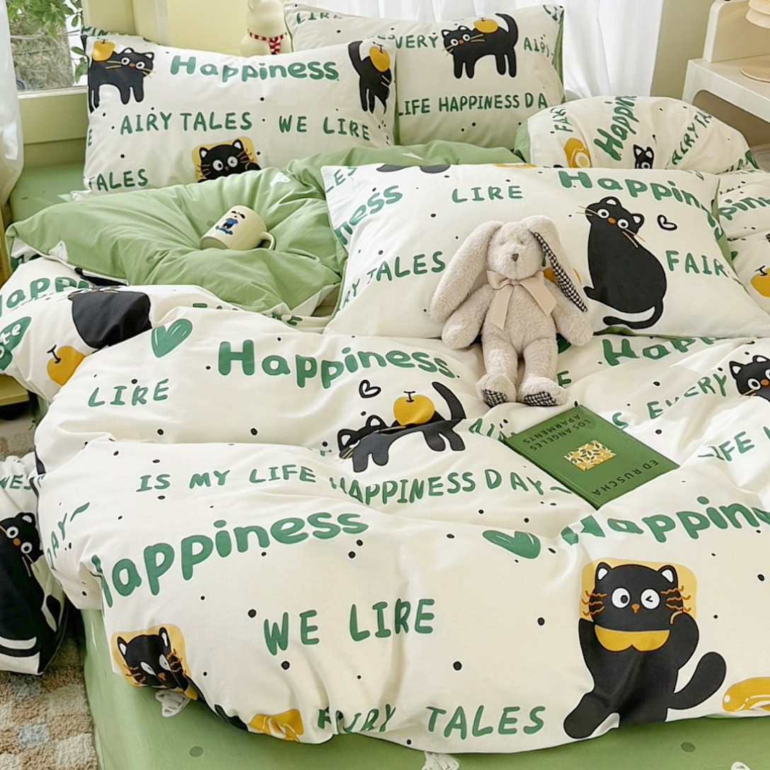 91家纺网 家纺一手货源 找家纺 呗旺鹿 2024新款小清新13372全棉四件套纯棉四件套学生三件套 淘气猫