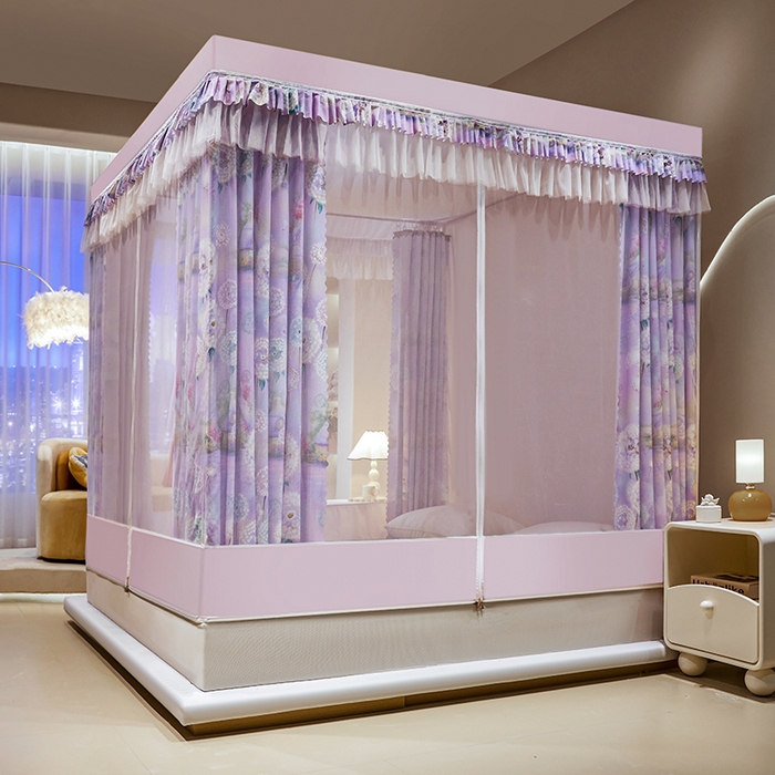 91家纺网 家纺一手货源 找家纺 艾晶美2025新款印花坐床式防摔遮光布帘蚊帐 英花小镇