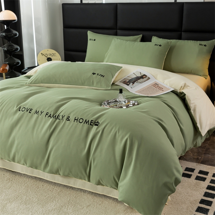 91家纺网 家纺一手货源 找家纺 梦莱家纺 2024新款磨毛刺绣四件套 果绿