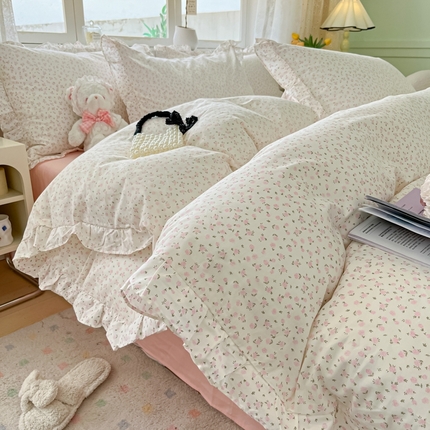 91家纺网 家纺一手货源 找家纺 柠馨 2024新款全棉印花浪漫花边款四件套 芊芊