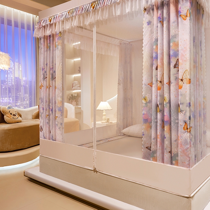 91家纺网 家纺一手货源 找家纺 艾晶美2025新款印花坐床式防摔遮光布帘蚊帐 梦飞碟