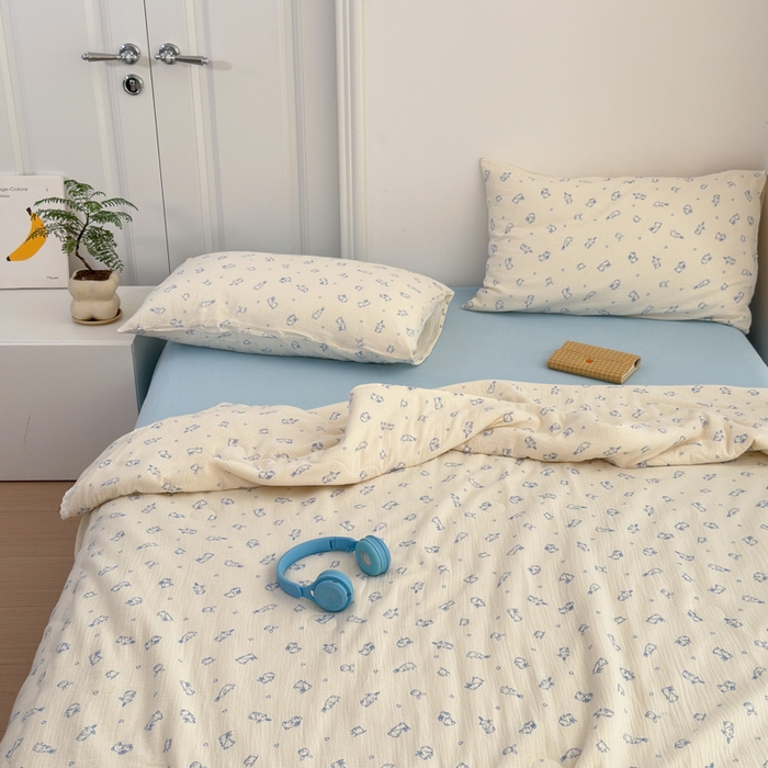 91家纺网 家纺一手货源 找家纺 山舍家居 2024新款全棉皱皱纱夏被四件套 萌萌兔