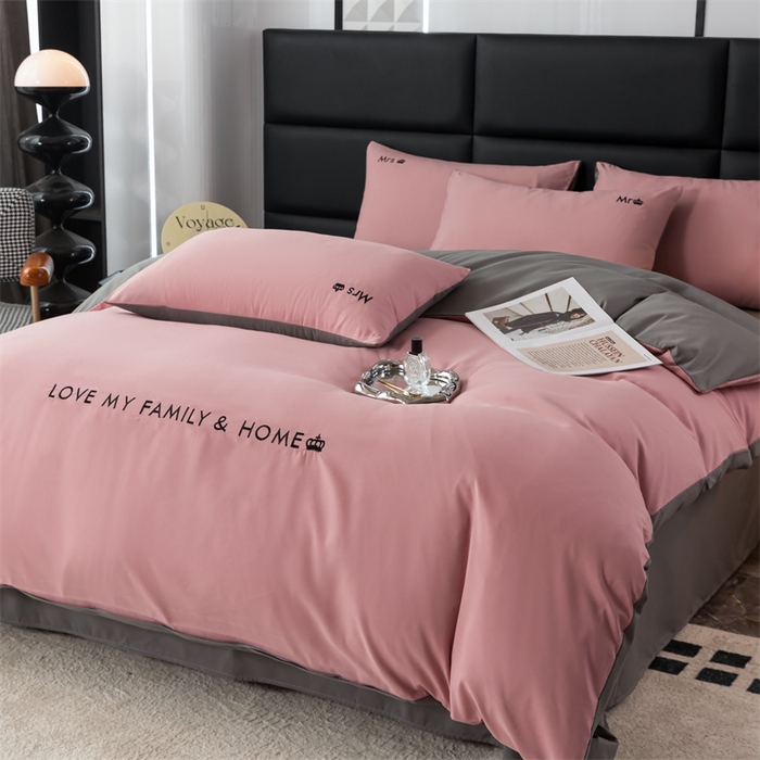 91家纺网 家纺一手货源 找家纺 梦莱家纺 2024新款磨毛刺绣四件套 粉豆沙