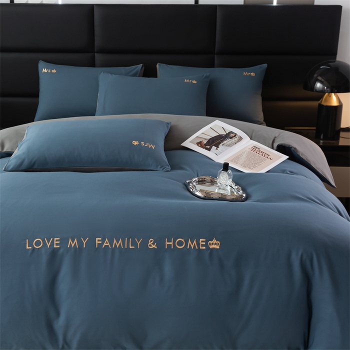 91家纺网 家纺一手货源 找家纺 梦莱家纺 2024新款磨毛刺绣四件套 宝石蓝