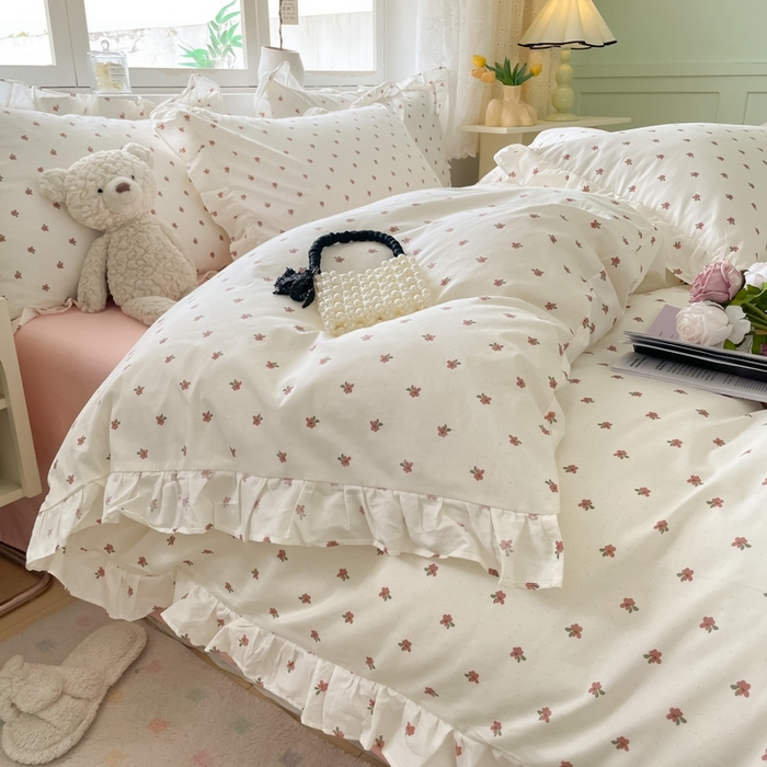 91家纺网 家纺一手货源 找家纺 柠馨 2024新款全棉印花浪漫花边款四件套 拾忆