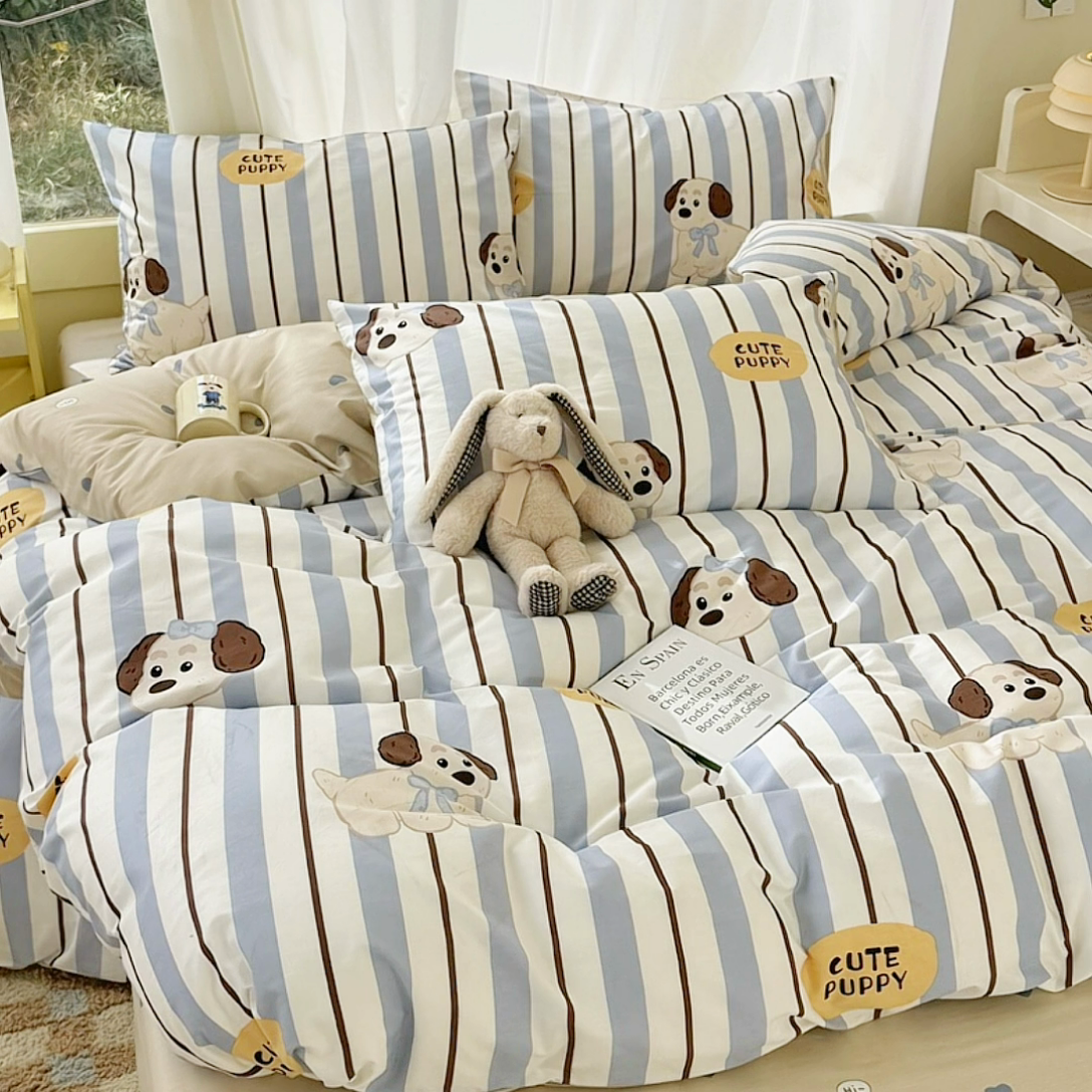 91家纺网 家纺一手货源 找家纺 呗旺鹿 2024新款小清新13372全棉四件套纯棉四件套学生三件套 竖条可可