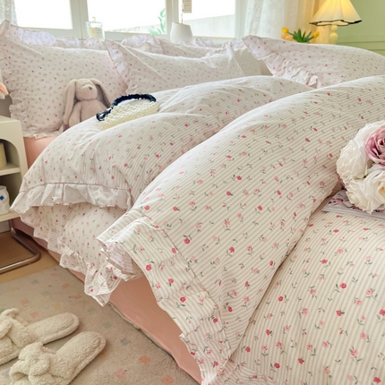 91家纺网 家纺一手货源 找家纺 柠馨 2024新款全棉印花浪漫花边款四件套 绮幻