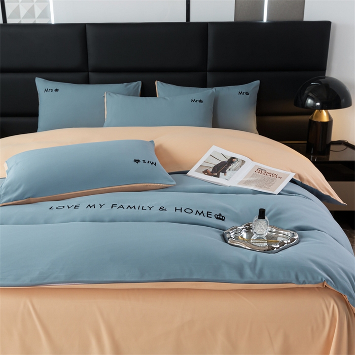 91家纺网 家纺一手货源 找家纺 梦莱家纺 2024新款磨毛刺绣四件套 宾利蓝