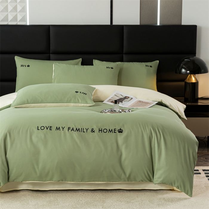 91家纺网 家纺一手货源 找家纺 梦莱家纺 2024新款磨毛刺绣四件套 果绿