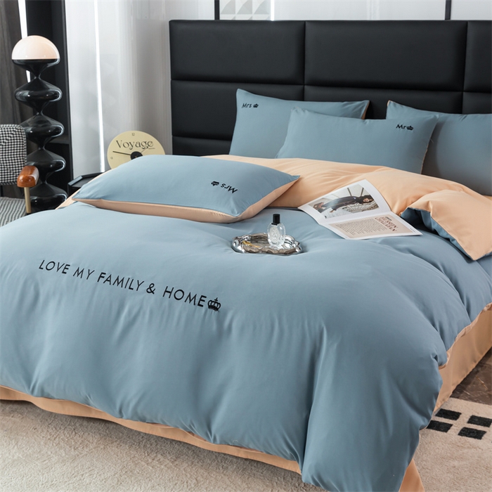 91家纺网 家纺一手货源 找家纺 梦莱家纺 2024新款磨毛刺绣四件套 宾利蓝