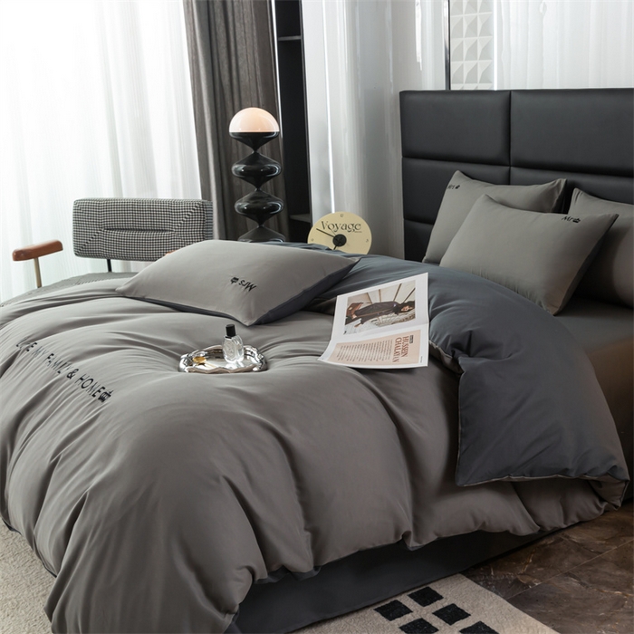 91家纺网 家纺一手货源 找家纺 梦莱家纺 2024新款磨毛刺绣四件套 浅灰