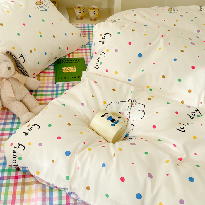 91家纺网 家纺一手货源 找家纺 呗旺鹿 2024新款小清新13372全棉四件套纯棉四件套学生三件套 泡泡糖小狗