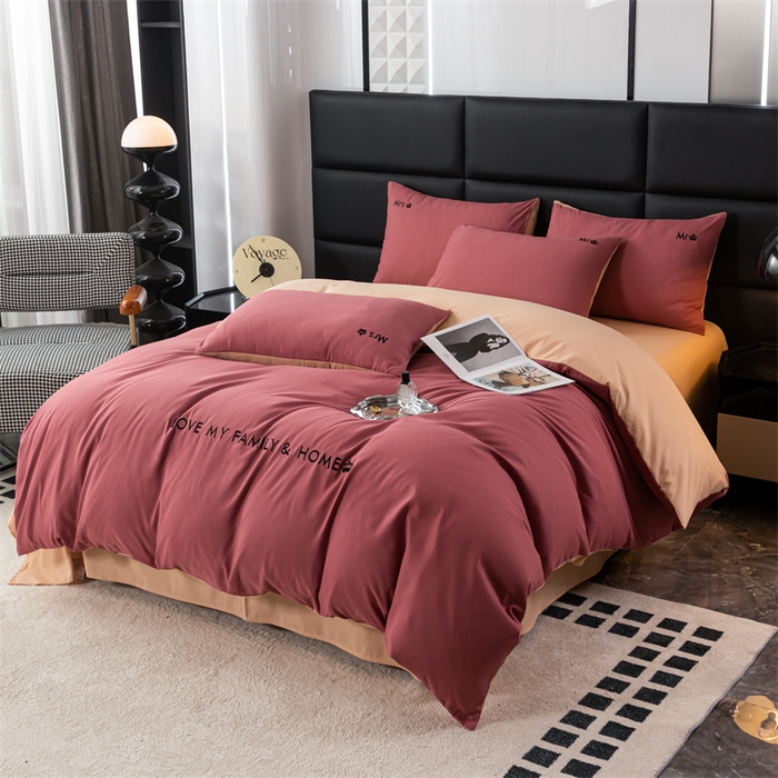 91家纺网 家纺一手货源 找家纺 梦莱家纺 2024新款磨毛刺绣四件套 玫红