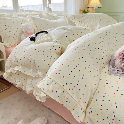 柠馨 2024新款全棉印花浪漫花边款四件套 点点