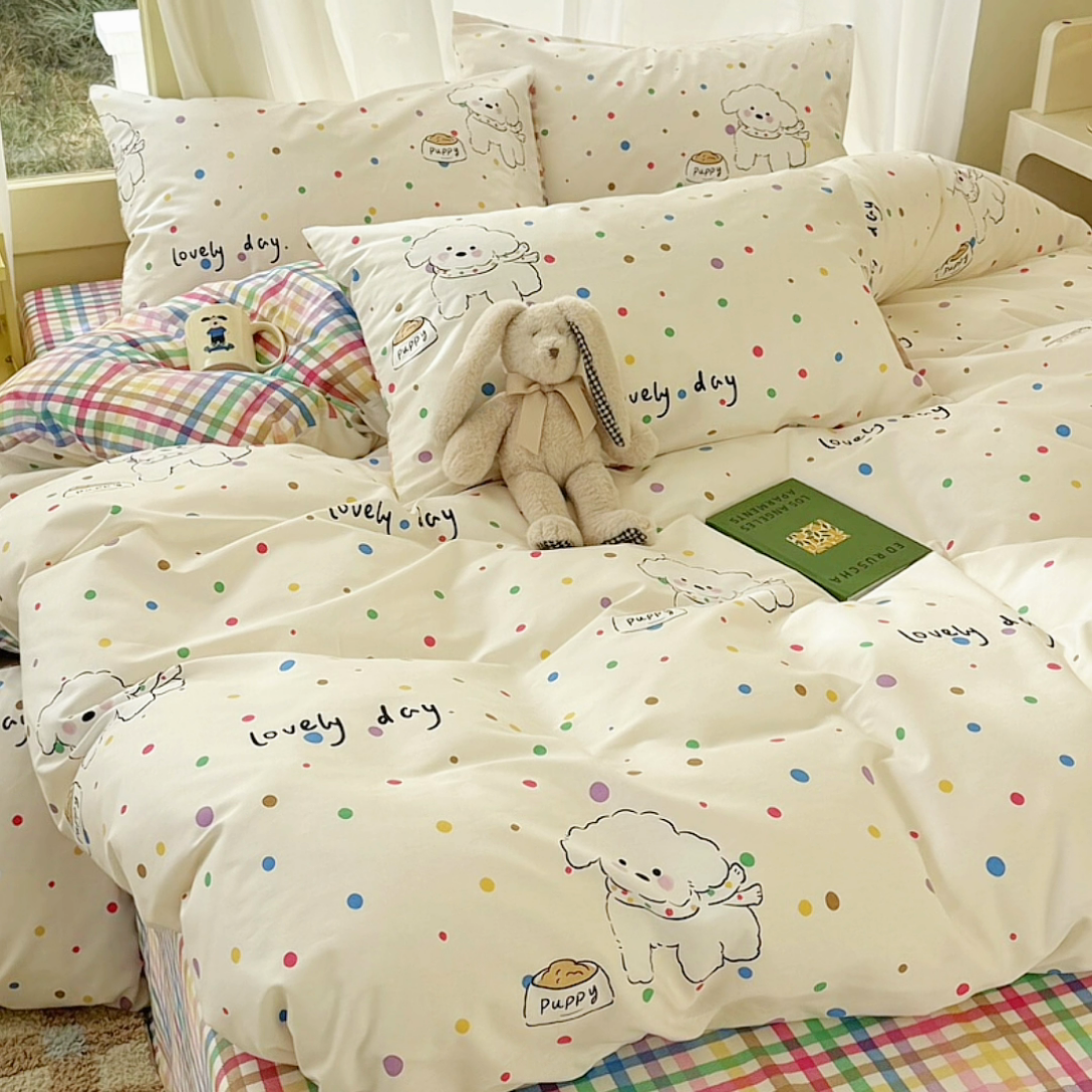 91家纺网 家纺一手货源 找家纺 呗旺鹿 2024新款小清新13372全棉四件套纯棉四件套学生三件套 泡泡糖小狗