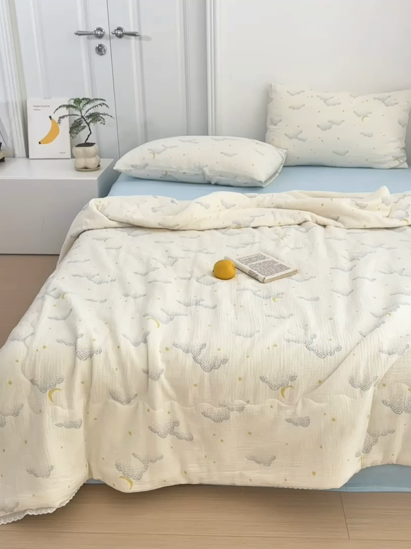 91家纺网 家纺一手货源 找家纺 山舍家居 2024新款全棉皱皱纱夏被四件套 云间月