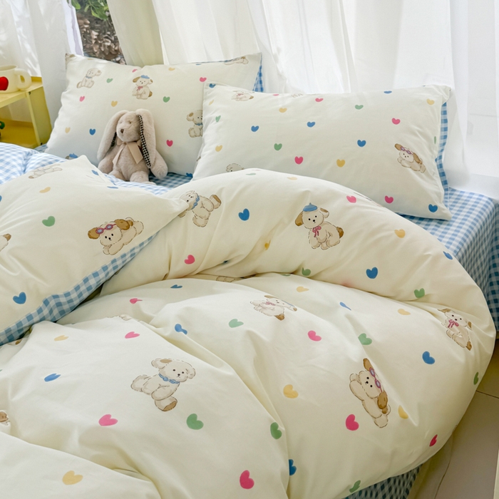 91家纺网 家纺一手货源 找家纺 呗旺鹿 2024新款小清新13372全棉四件套纯棉四件套学生三件套 多巴胺小狗