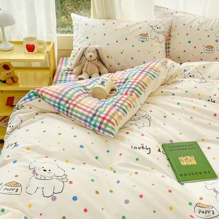 91家纺网 家纺一手货源 找家纺 呗旺鹿 2024新款小清新13372全棉四件套纯棉四件套学生三件套 泡泡糖小狗