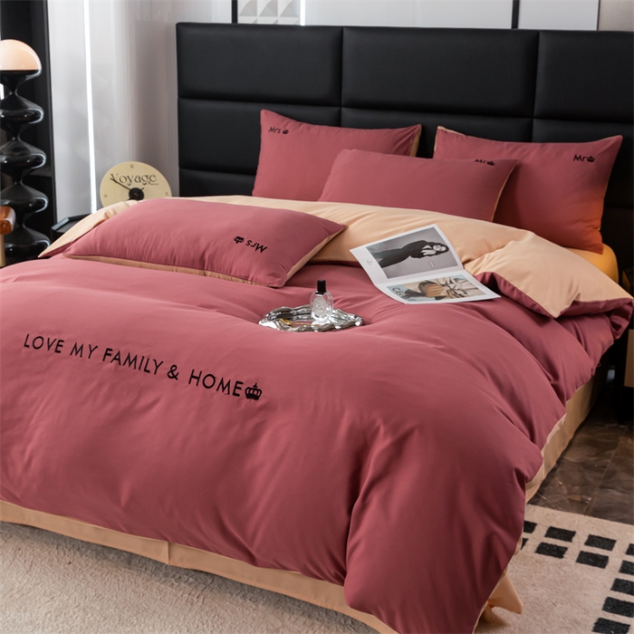 91家纺网 家纺一手货源 找家纺 梦莱家纺 2024新款磨毛刺绣四件套 玫红